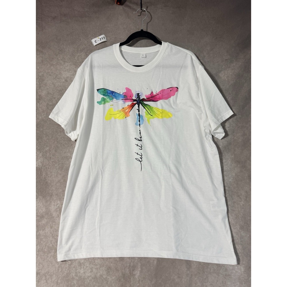 Dragonfly Print basic Shirt Let It Be Casual Short Sleeve Womens size XL